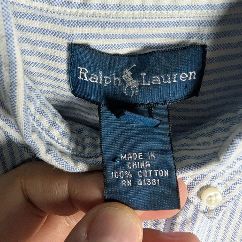 Ralph Lauren Boys Blue White Striped Oxford Button Down Shirt Size 14 Cotton